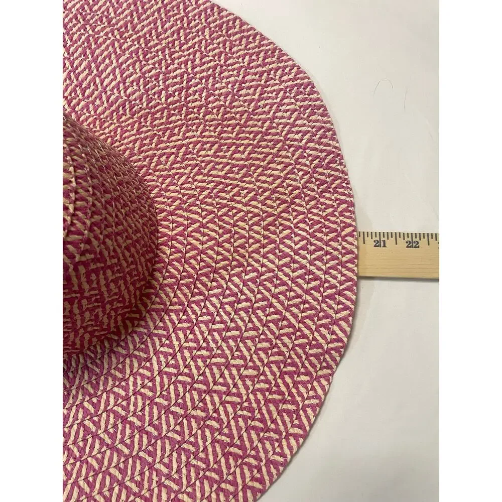 Wide Brim Straw Sun Hat Pink Beige Chevron Floppy Beach Summer Packable
